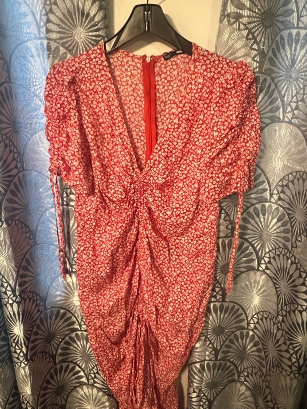 Fashion Nova Red Floral Ruched Midi Dress